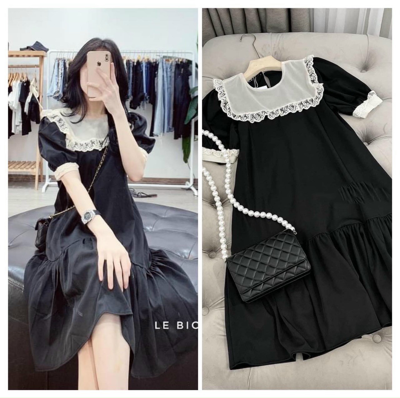 đầm bầu dễ thương-váy bầu thu đông thiết kế cổ sơ mi đính nơ xinh xắn