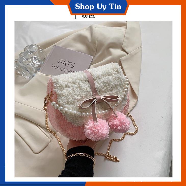 Túi handmade tự đan pom pom yên ngựa - phụ kiện đan túi