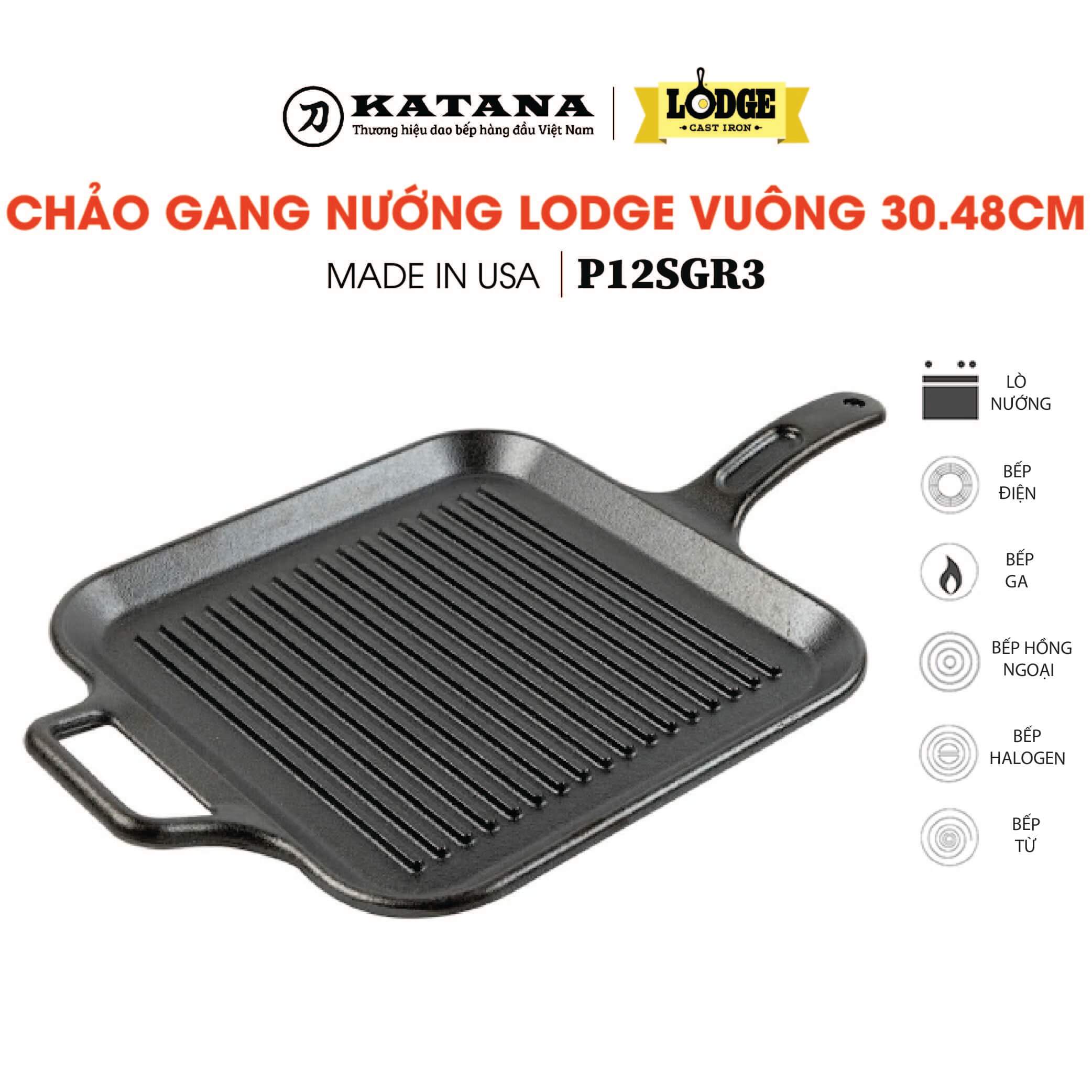 Chảo gang hình vuông Lodge  (30.48cm) - Chảo bít tết không dính nhập khẩu từ Mỹ - Bảo hành chính hãng P12SGR3