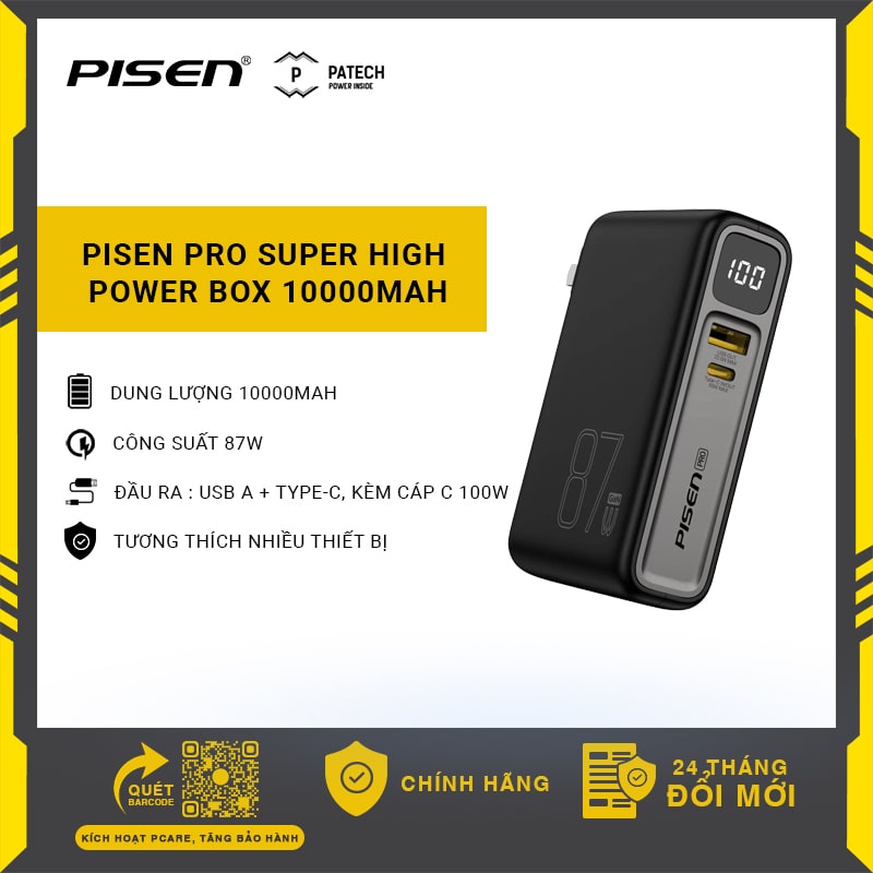  Sạc dự phòng chân cắm PISEN PRO Super High Power Box 10000mAh 87W Max đa dụng cho laptop & điện thoại nhỏ gọn tiện dụng thuận tiện mang theo- Hàng chính hãng bảo hành 24 tháng 