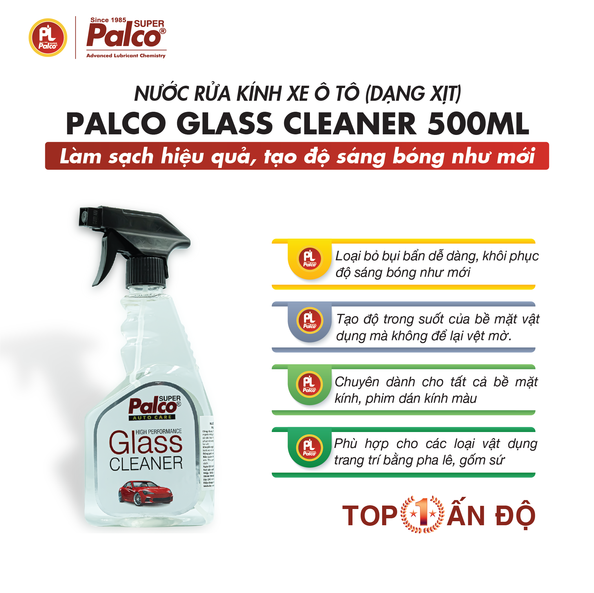 Nước Xịt Kính Xe Ô tô, Nước Rửa Kính Chuyên Dụng Siêu Sạch Trong Suốt Ngay Tức Thì PALCO GLASS CLEANER 500ml