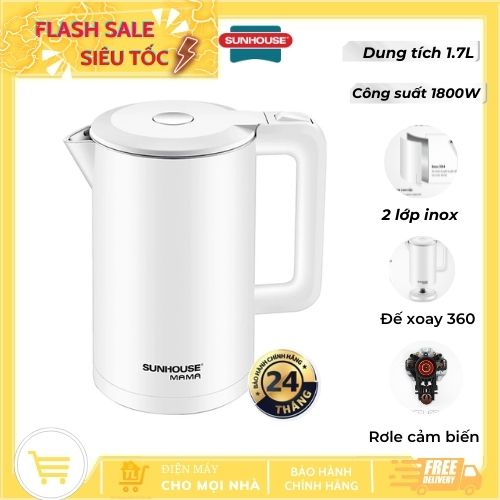 Bình đun siêu tốc inox 2 lớp sunhouse mama shd1386 - hàng chính hãng