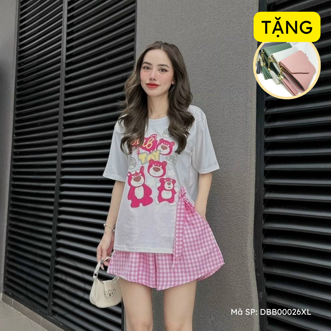Set đồ bộ dạo phố - cotton quần đùi nữ tính gấu lotso - dbb00026xl