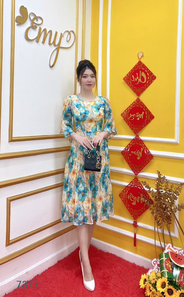 Đầm emy em7377 xoè hoa xanh