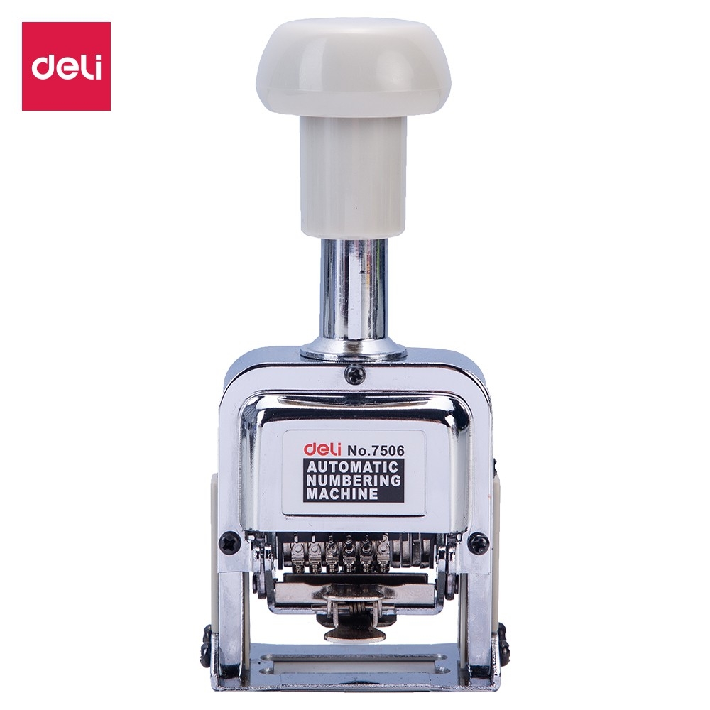 Dấu dập nhảy tự động 6 số liền mực chuyển đổi-Deli 7506 , đóng vào các giấy tờ mang tính thứ tự, series hay vé xe, thay cho việc kê giấy than viết bằng tay
