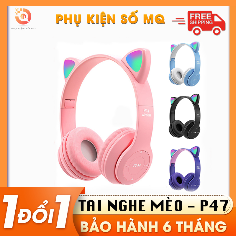 Tai nghe bluetooth chụp tai - Tai mèo dễ thương- P47 có khe cắm thẻ nhớ - Tai Nghe Có Mic - Âm Thanh Đỉnh Cao tại Phụ Kiện Số MQ