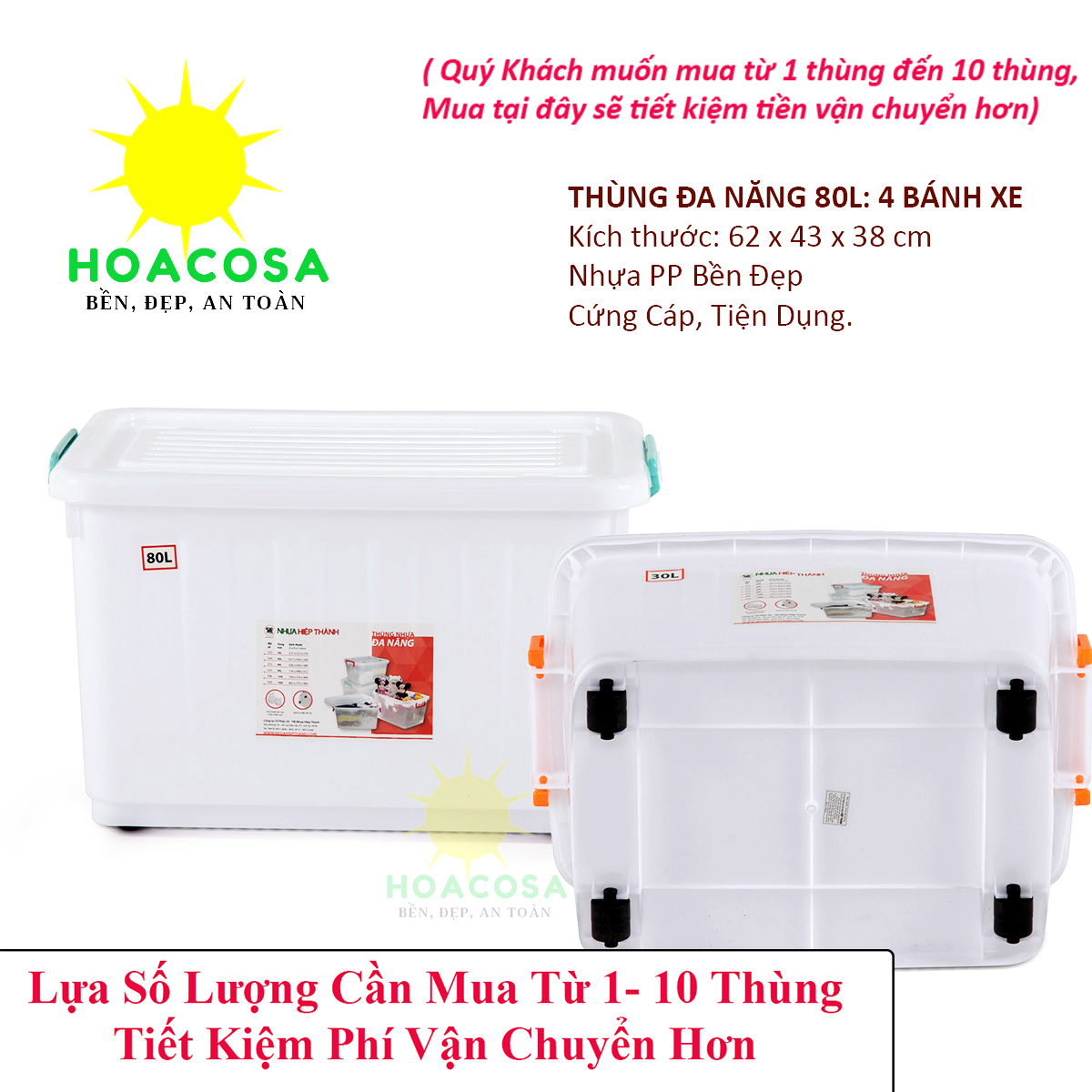Từ 1- 10 Thùng Nhựa Vuông Đựng Đồ Đa Năng 80 Lít ( 80L) Có 4 Bánh Xe Nhựa Hiệp Thành- Cứng Cáp, Tiện Dụng- Đồ Gia Dụng Hoacosa
