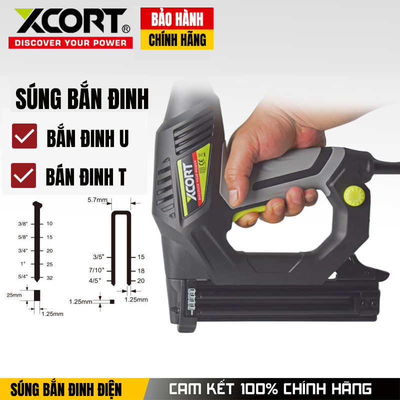Súng bắn đinh-Súng bắn đinh gỗ-Súng bắn đinh điện Xcort-Có điều tốc máy cực khỏe, có lớp vỏ ngoài với màu đen thân kim loại kết hợp tay cầm cao su