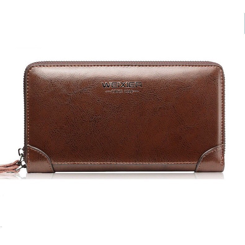 Ví cầm tay da bò nam nữ weixier 2 ngăn khóa ví đựng thẻ nam nữ ví da thời trang kt: 20x12x5cm màu sắc: đen - da bò đậm - da bò sáng