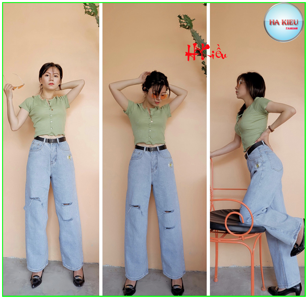 Quần Jeans Baggy suông rách thêu hoa cúc cao cấp phong cách thời trang Hà Kiều MSP 228 (Hình ảnh độc quyền chủ Shop chụp)
