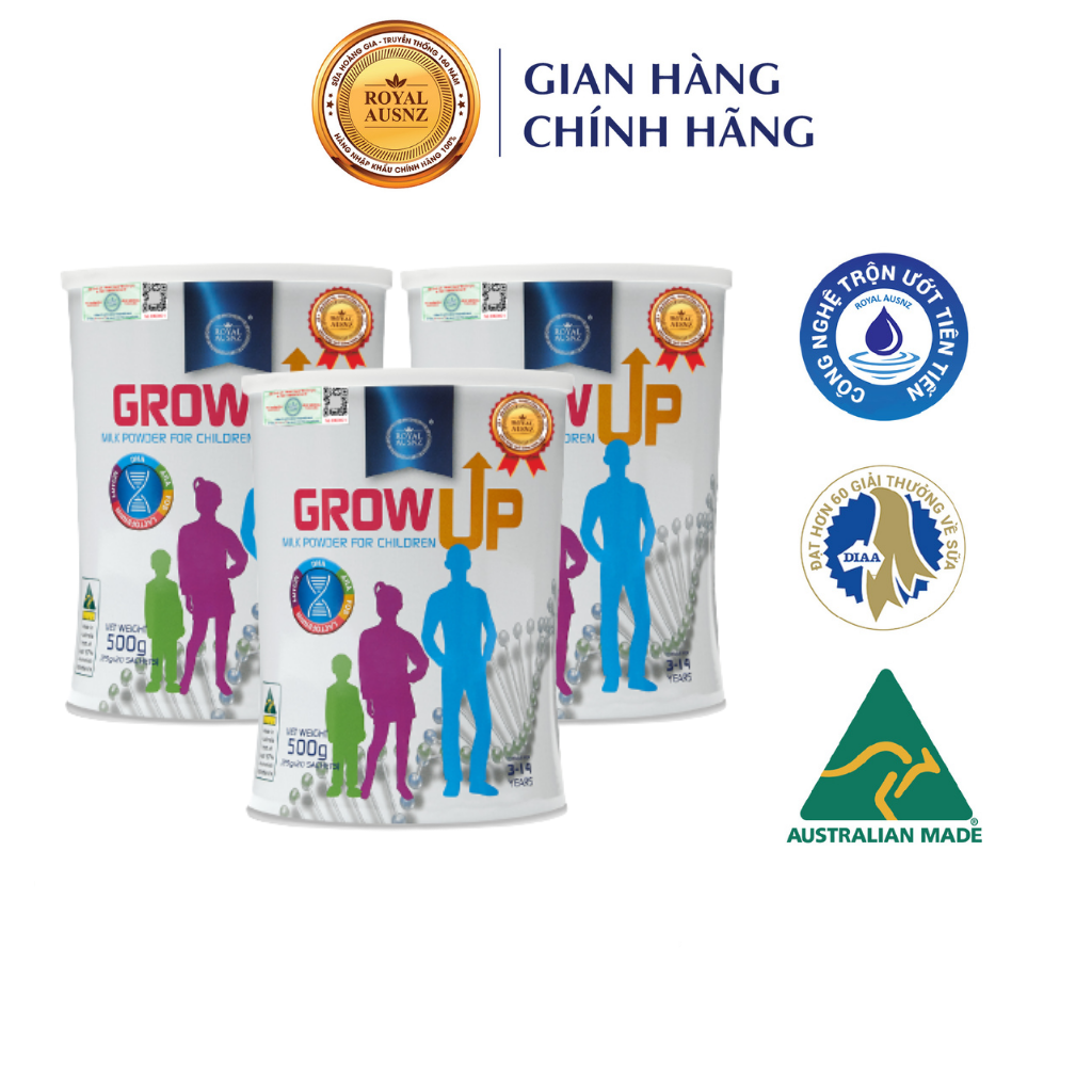 Combo 3 Lon Sữa Bột Grow Up Milk Powder ROYAL AUSNZ  Hỗ Trợ Phát Triển Chiều Cao Cho Trẻ Từ 3-14 Tuổi 500g/lon