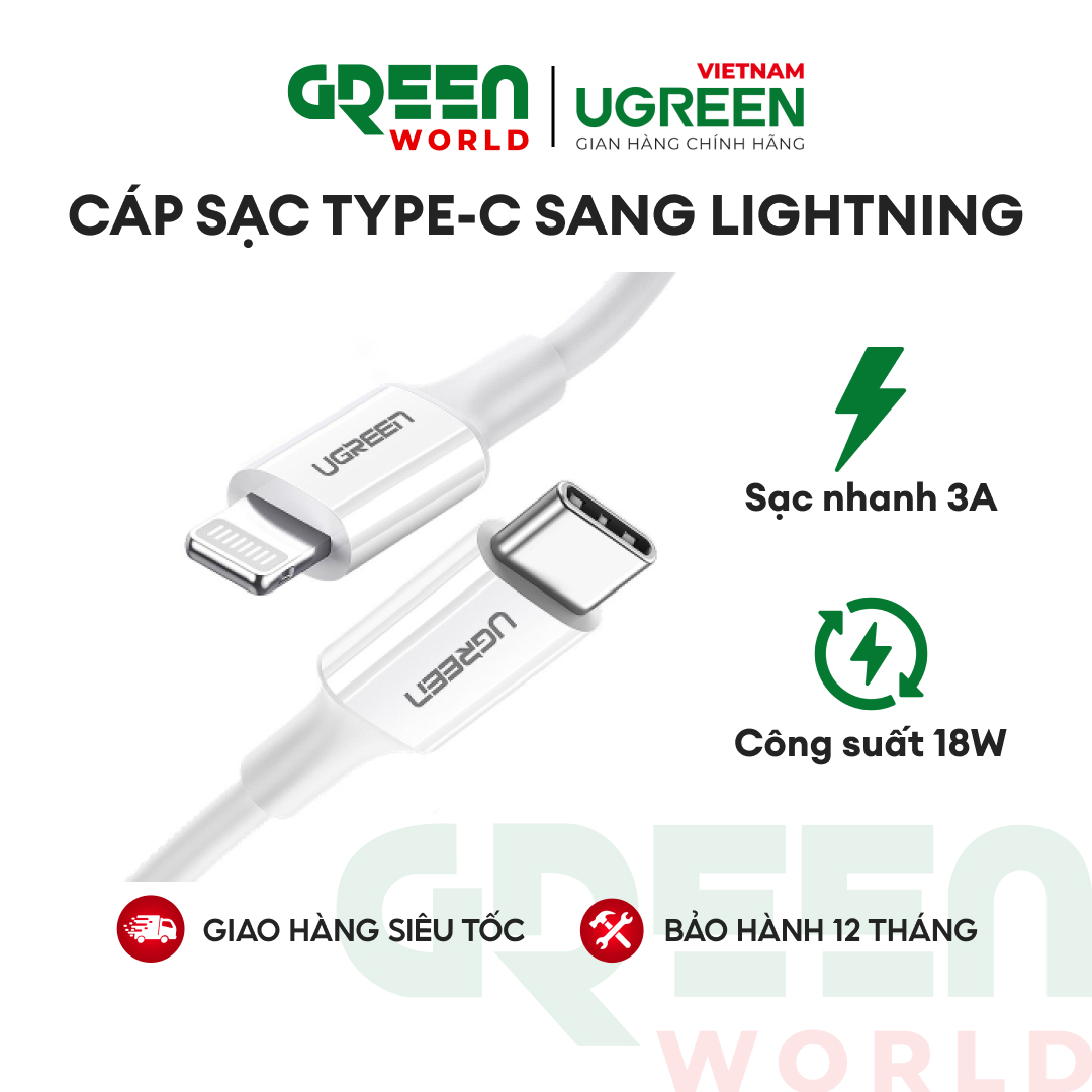 Cáp sạc và truyền dữ liệu USB-C PD 18W 3A sang Lightning chipset C94, chuẩn MFi của Apple, dài 0.25-3m, tương thích với iPad Pro 12.9  iPhone 11/11 Pro Max/X XR XS XS Max iPhone 8 8 Plus... UGREEN US171