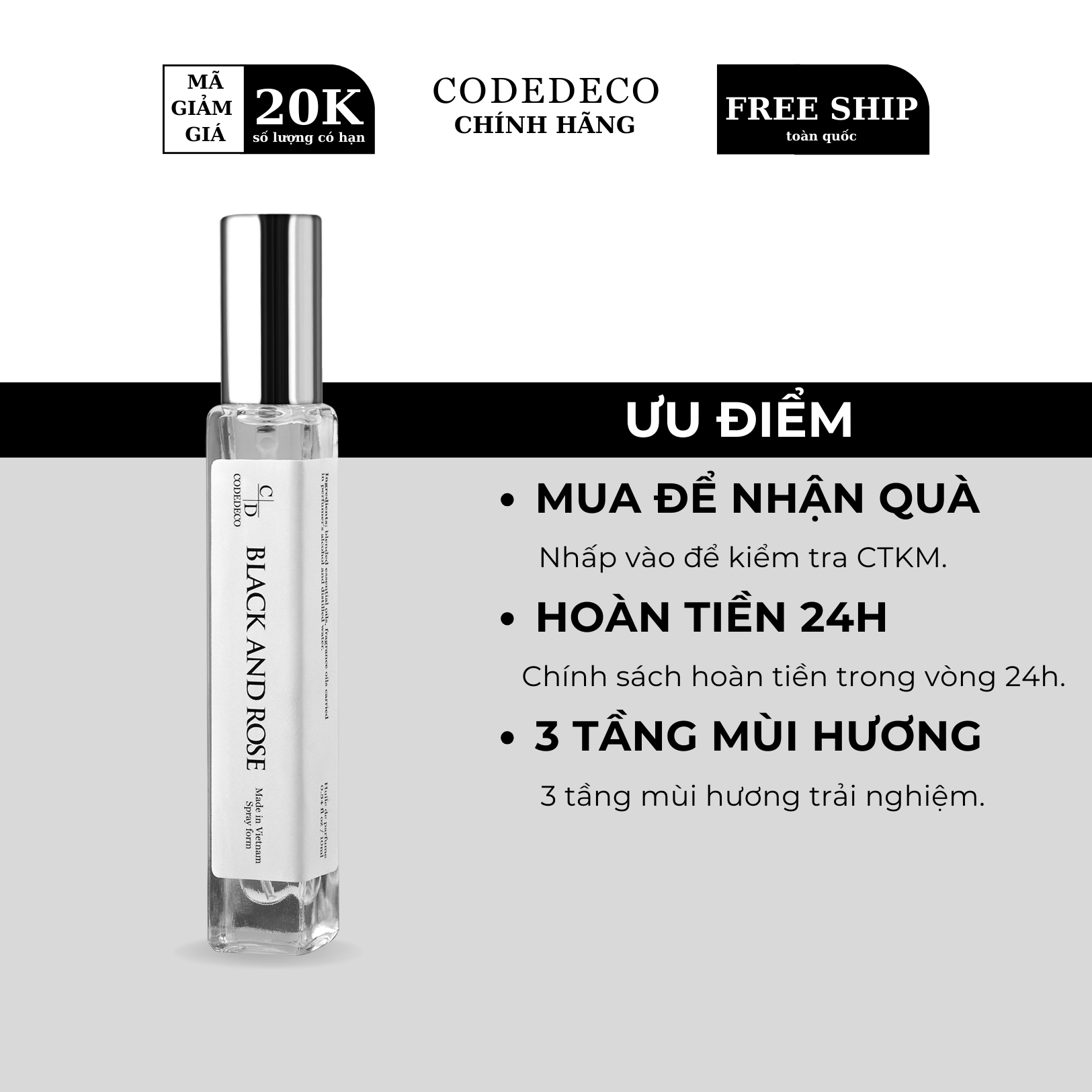 Tinh dầu nước hoa codedeco black and rose 10ml, chững chạc ,giản dị