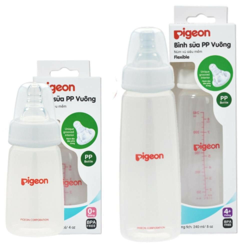 Bình sữa cổ hẹp pigeon pp vuông 120ml/ 240ml đi kèm núm vú siêu mềm cho bé - tini kids plaza