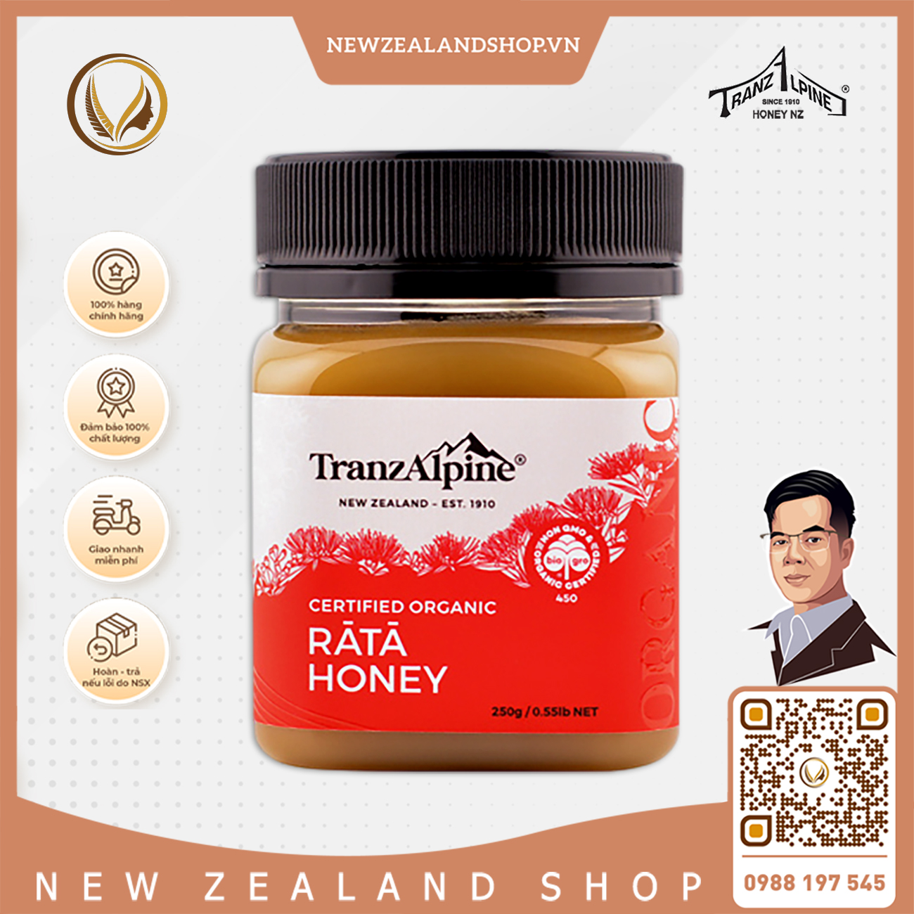 Mật ong Rata hữu cơ nguyên chất TranzAlpine Certified Organic Rata Honey 250g