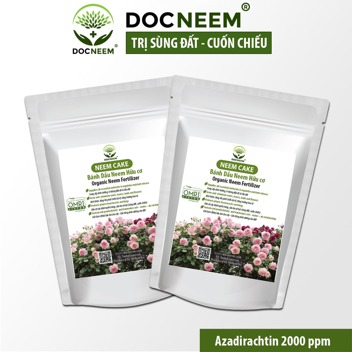 Combo Neem cake DOCNEEM trị sùng đất, cuốn chiếu, ốc sên, phân bón kích rễ hoa hồng, cây cảnh trong nhà ngoài trời, 2kg