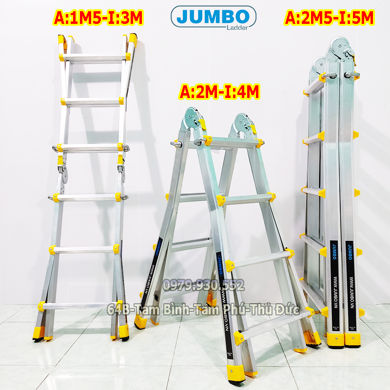 Thang nhôm rút lồng Jumbo A403, A404, A405 chiều cao chữ A từ 0.9m đến 2m5, chiều cao chữ I từ 2m đến 5m. Thang nhôm gấp trượt, thang đa năng Jumbo. Tải trọng 300kg. Bảo hành 2 năm