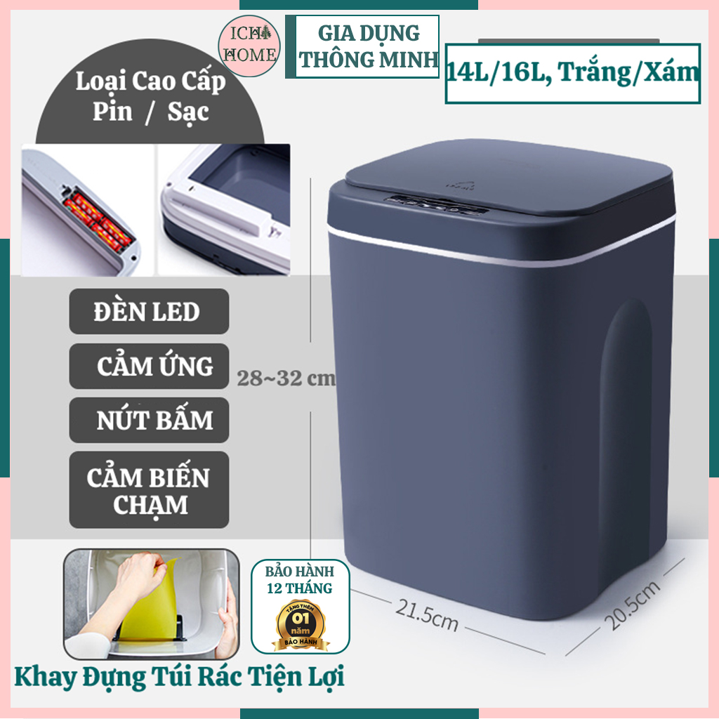 Thùng Rác Thông Minh Cảm Ứng HOUSEWARE Cao Cấp Cảm Biến Hồng Ngoại Tự Động Đóng Mở 16L 14L, Khử Khuẩn Chống Nước[ Bảo Hành 12 Tháng ]