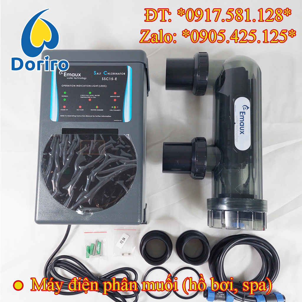 Máy điện phân muối hồ bơi; điện cực bằng titan; mã hiệu ssc; thương hiệu emaux; dùng cho thể tích hồ bơi 45m3, 70m3 và 110m3