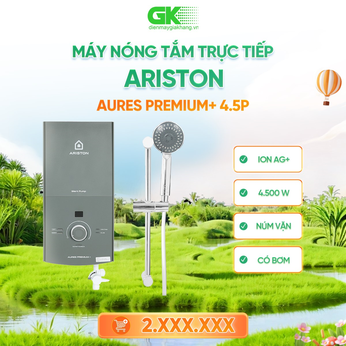 Máy nước nóng trực tiếp Ariston AURES PREMIUM+ 4.5P - GIAO TOÀN QUỐC - FREESHIP HCM