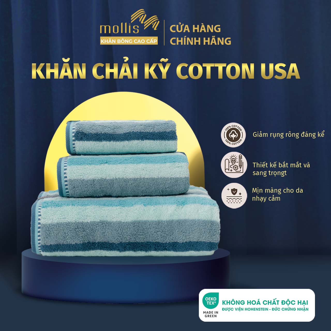 Khăn tắm, khăn gội/mặt, khăn tay Mollis MBC cao cấp 100% Cotton Chải Kỹ siêu thấm hút, mềm mại mịn đ