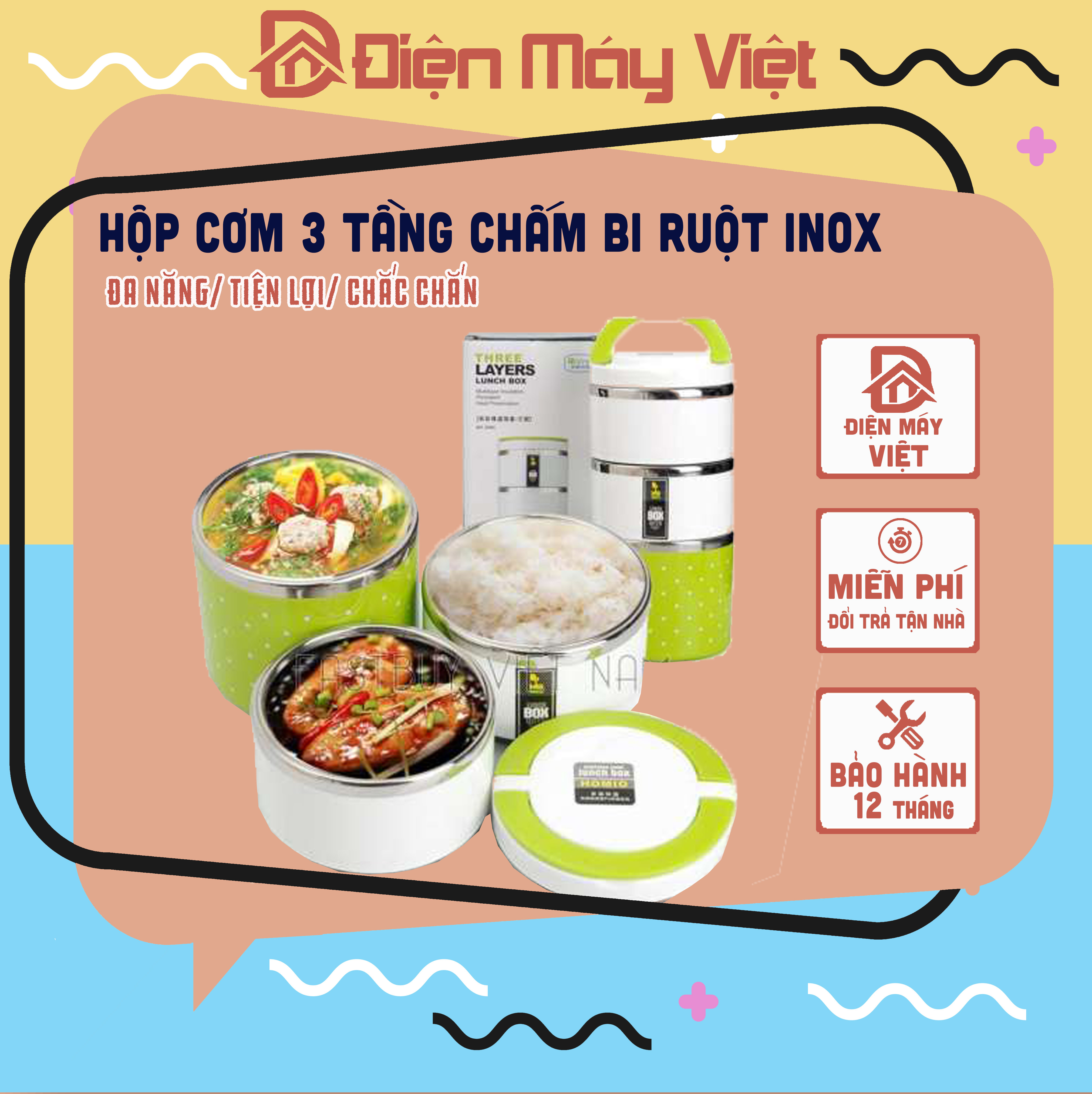 Cặp lồng cơm 3 tầng giữ nhiệt chấm bi ruột inox