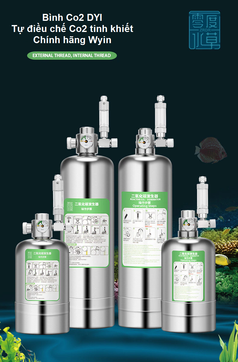 Bình khí co2 inox - bình co2 dyi - tự điều chế co2 2 lít - bình co2 kim loại co2 1l, co2 2l, co2 5l - mẫu mới - chính hãng wyin - zrdr
