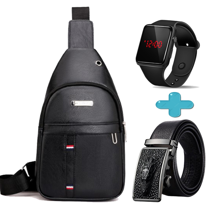 Túi đeo chéo nam da PU phong cách Hàn Quốc tặng kèm đồng hồ nam và thắt lưng nam cao cấp