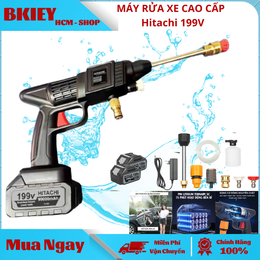 Máy rửa xe Hitachi 199V - Máy xịt rửa sân vườn, Máy xịt rửa cao áp có tạo bọt tuyết tặng kèm bình tạo bọt bảo hành 12TH
