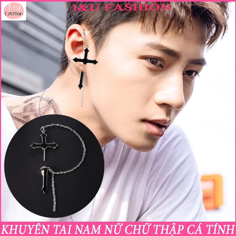 [1 Chiếc] Khuyên tai UNISEX Nam Nữ hình chữ thập kèm dây xích mảnh thiết kế độc lạ cá tính và thời trang , phụ kiện trang sức phong cách Hip hop ấn tượng KT-89
