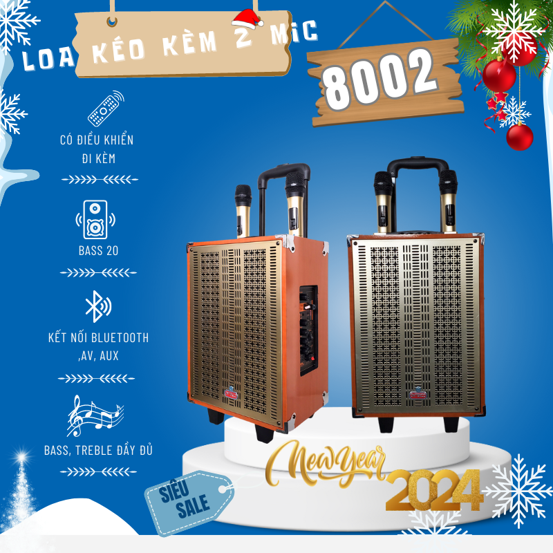Loa kéo vỏ gỗ bluetooth ONTEKCO 8002 Bass 20 kèm micro đôi không dây chính hãng hát karaoke di động
