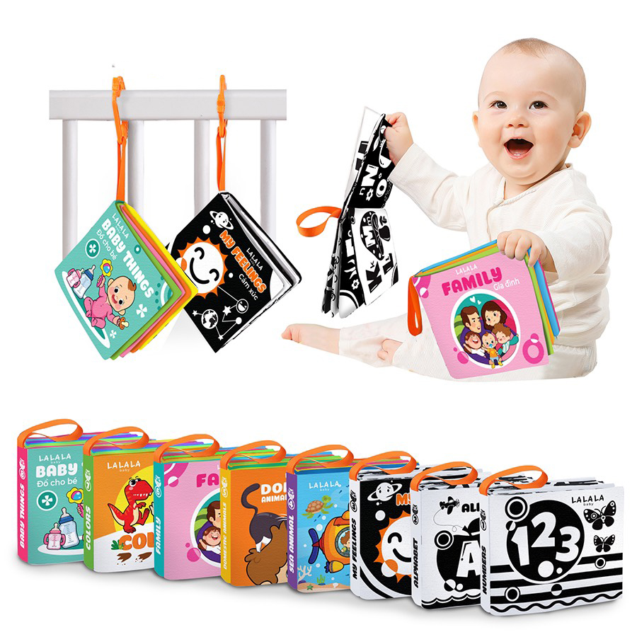 Sách vải cho bé sách kích thích giác quan an toàn tuyệt đối, kích thước mini, 8 mặt sột soạt