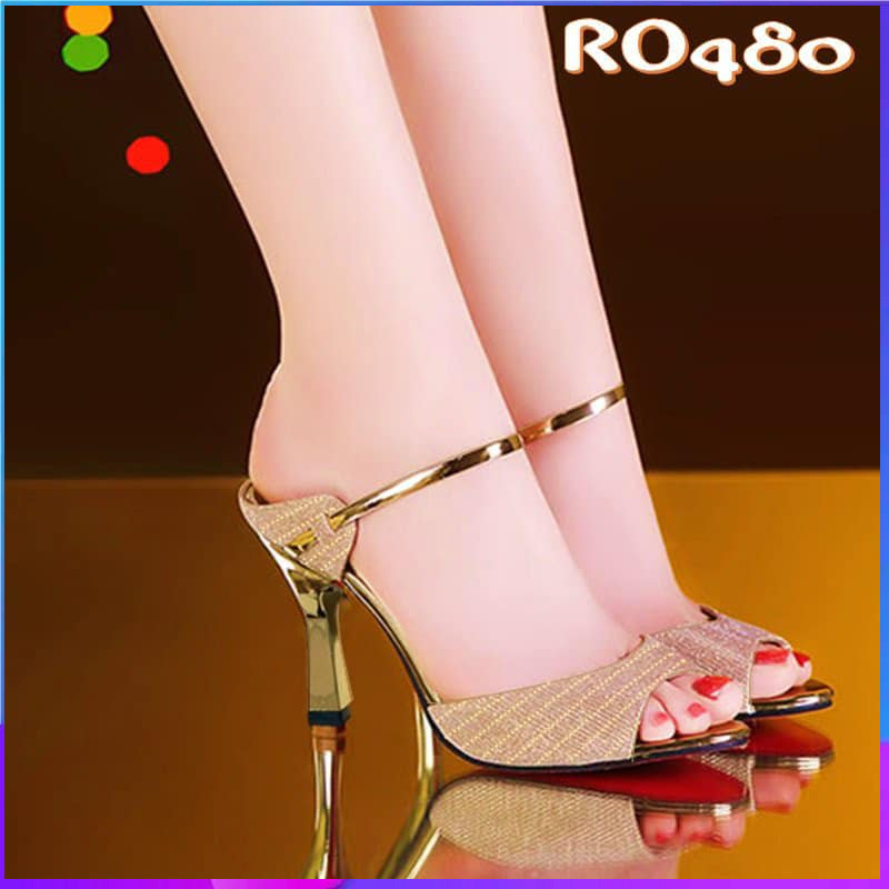 Dép sandal nữ cao gót 7cm hàng hiệu rosata hai màu đen vàng thời trang hàn quốc ro480