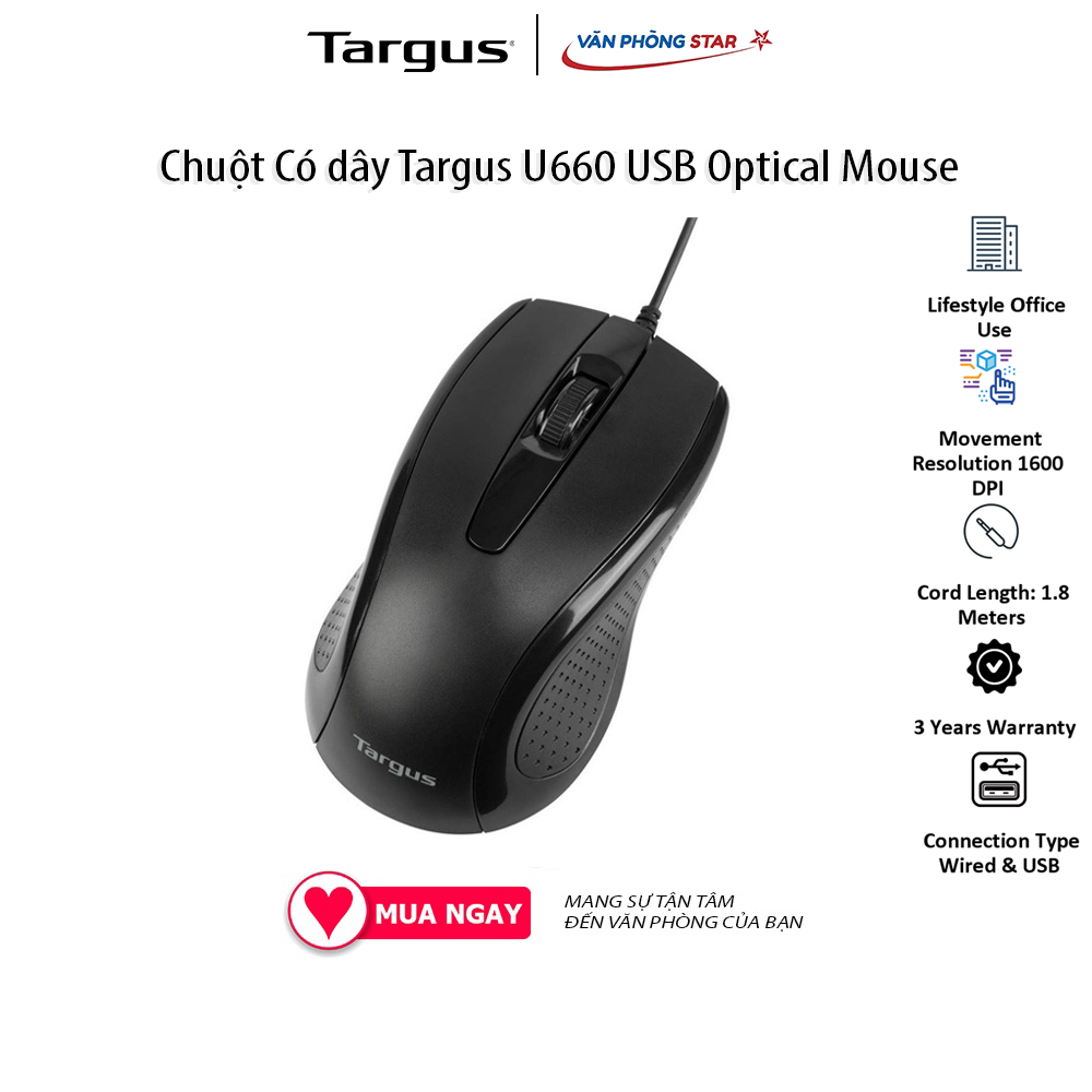 Chuột Có dây Targus U660 USB Optical Mouse. Độ phân giải 1600 DPI. 3 nút