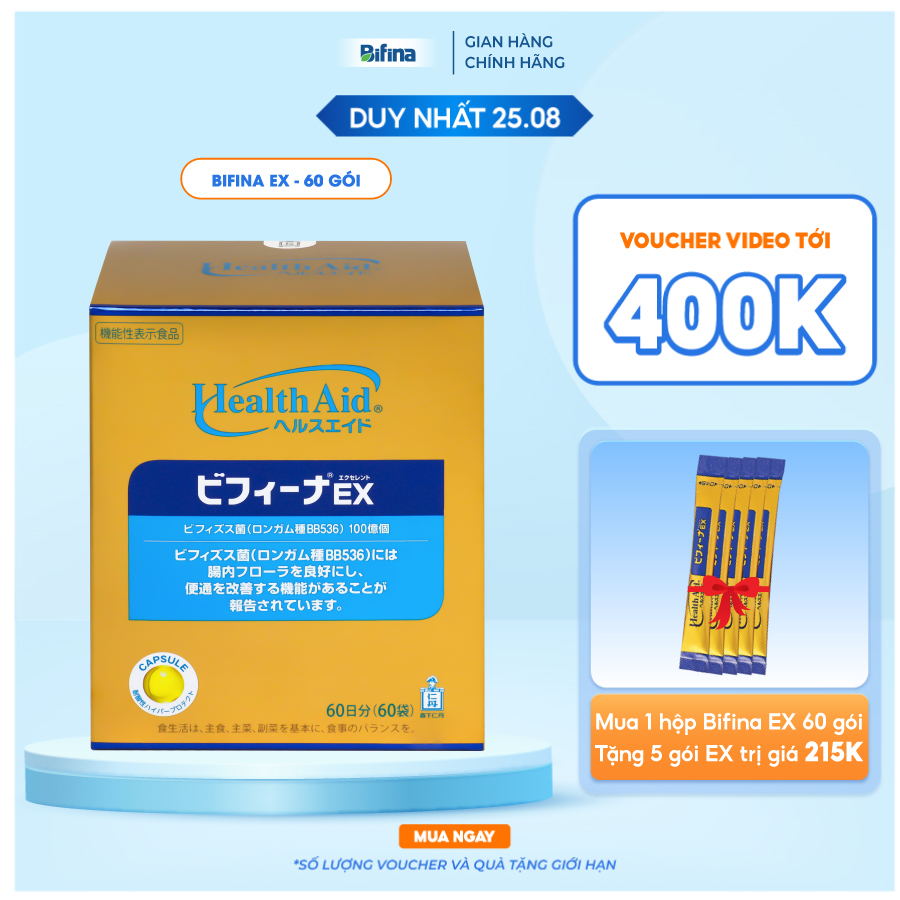 Thải độc đại tràng, thải độc ruột - bifina nhật bản, loại ex 60 gói - nhuận tràng, detox, làm sạch ruột,không dùng cafe