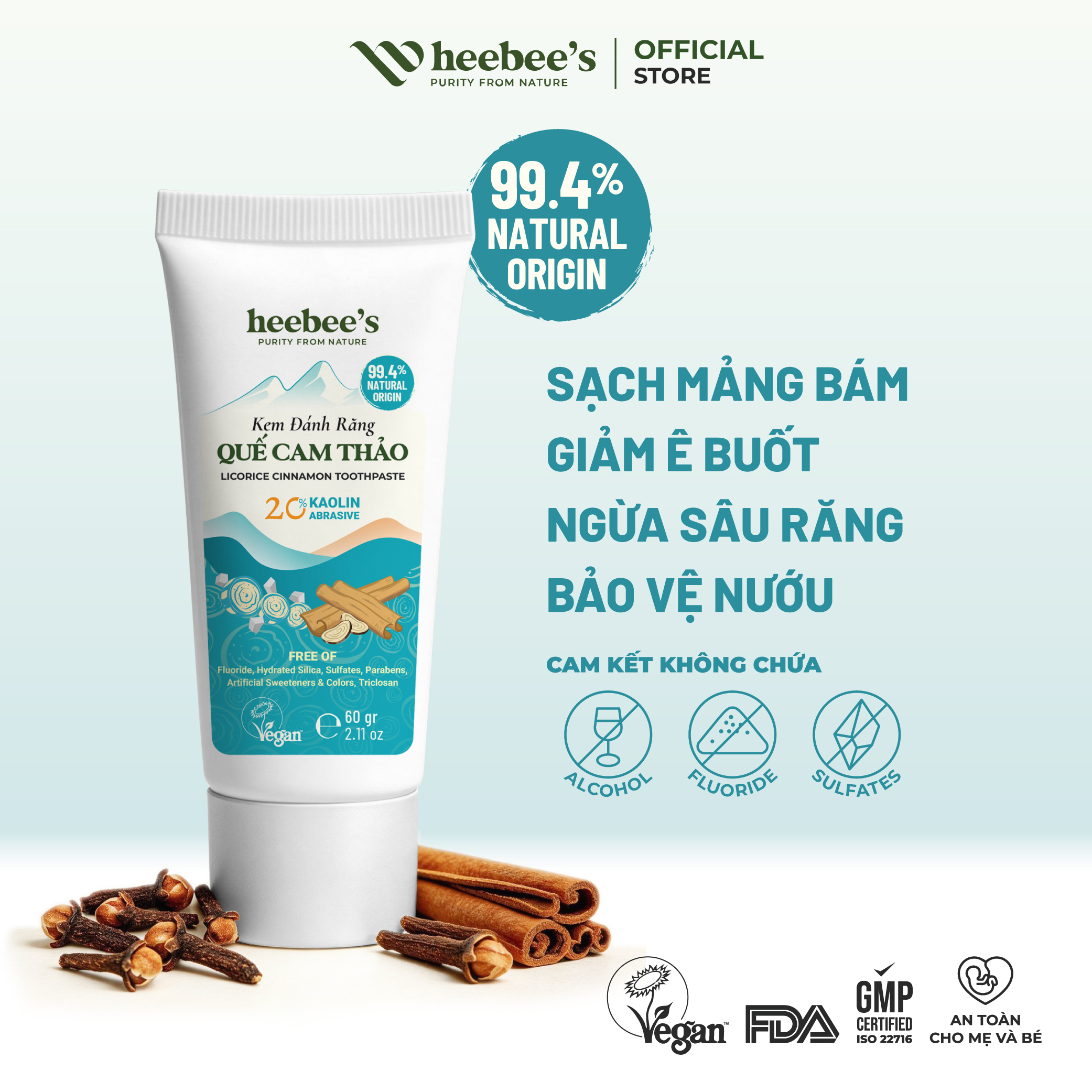 Kem Đánh Răng Thảo Dược Hữu Cơ Thuần Chay Quế Cam Thảo Heebee's Giảm Ê Buốt, Sạch Mảng Bám, Ngừa Sâu Răng 60g