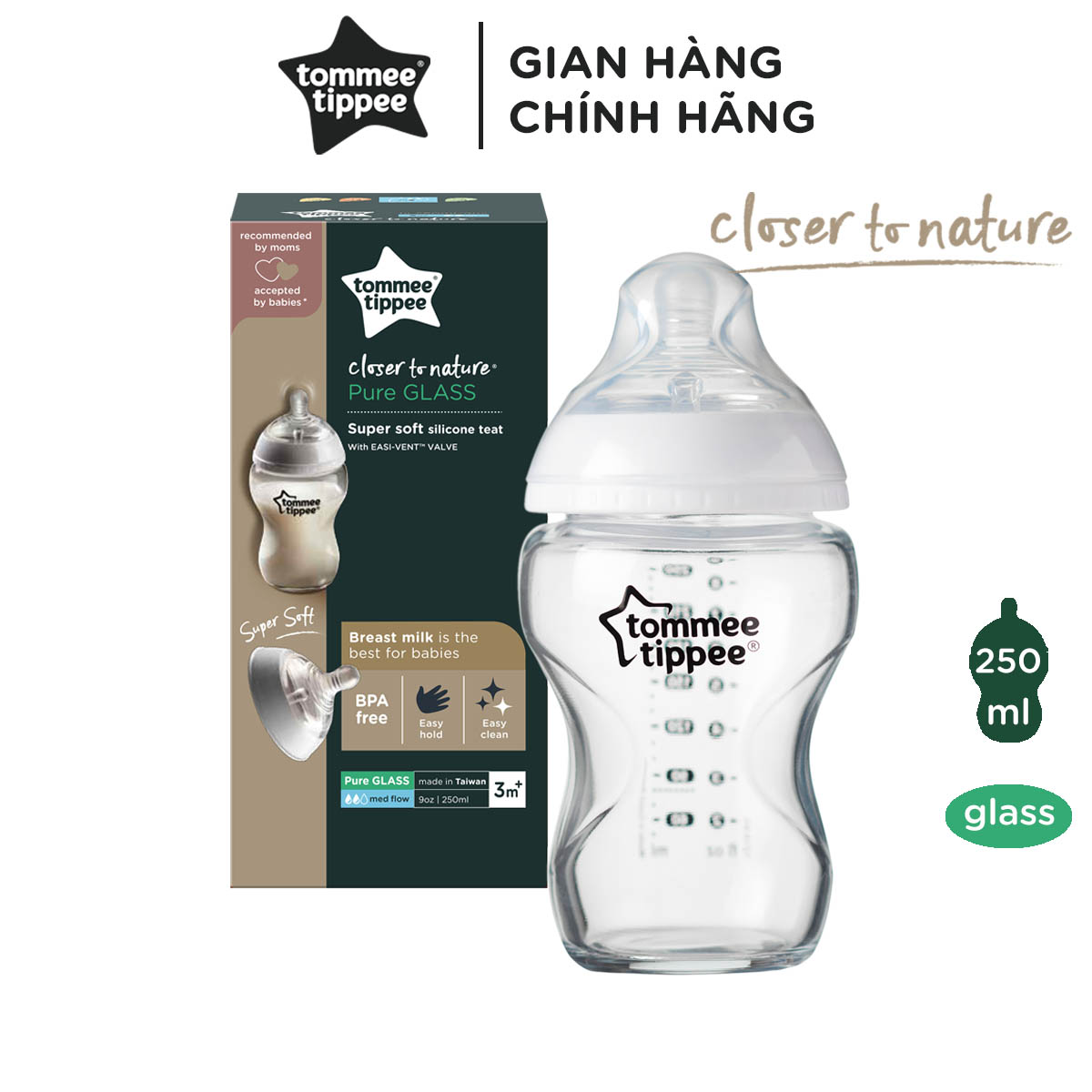 Bình Sữa Thủy Tinh Ty Siêu Mềm Tự Nhiên Tommee Tippee Closer To Nature 250ml, Núm Ty Cùng Bình 3-6 Tháng