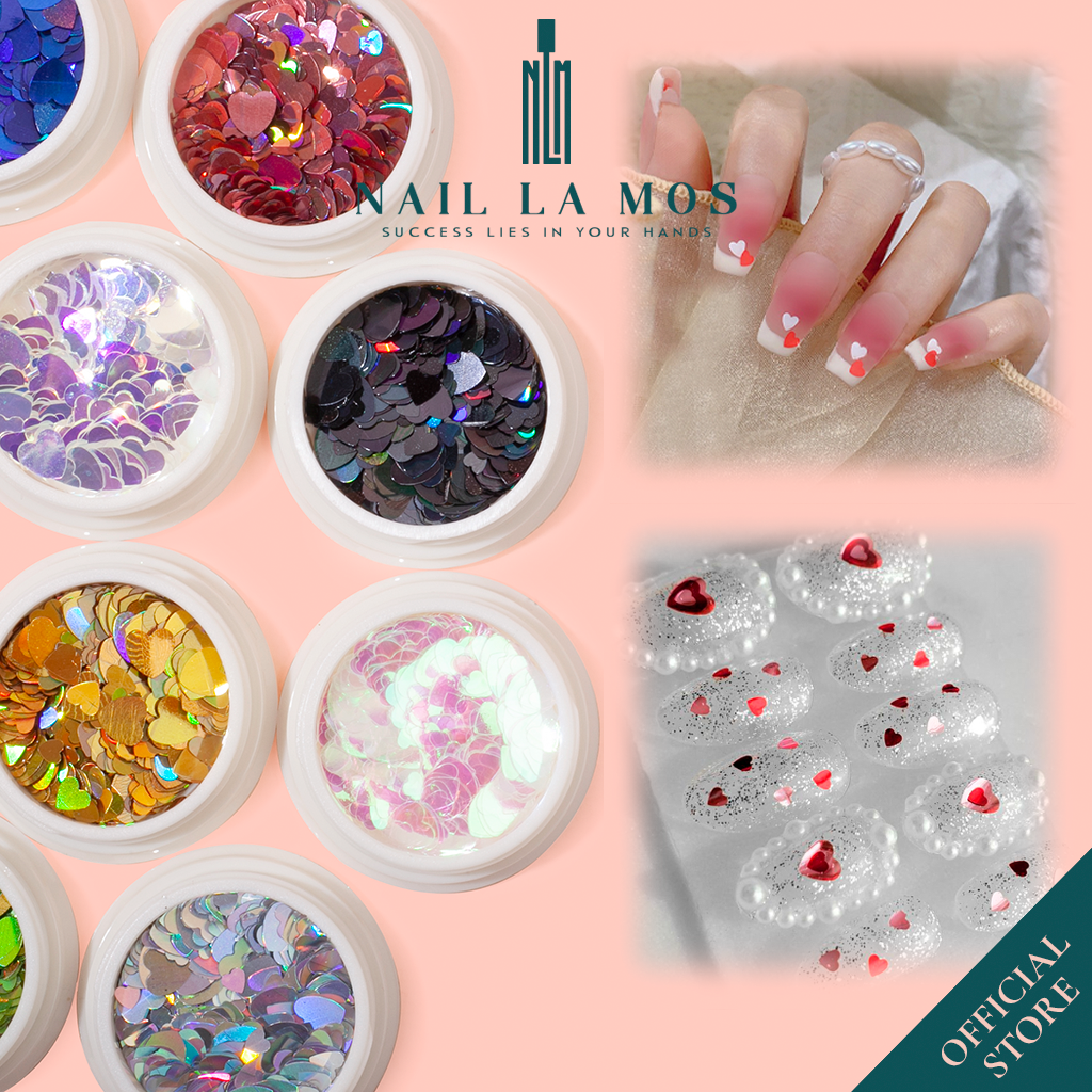 Set 4 hũ sequin trái tim La D’ Fera chính hãng - Nhũ kim tuyến nail hình trái tim trang trí móng ẩn gel tiện lợi