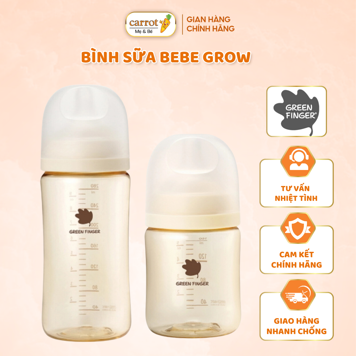 Bình Sữa Bebe Grow Green Finger Nhựa PPSU Hàn Quốc 160ML, 280ML