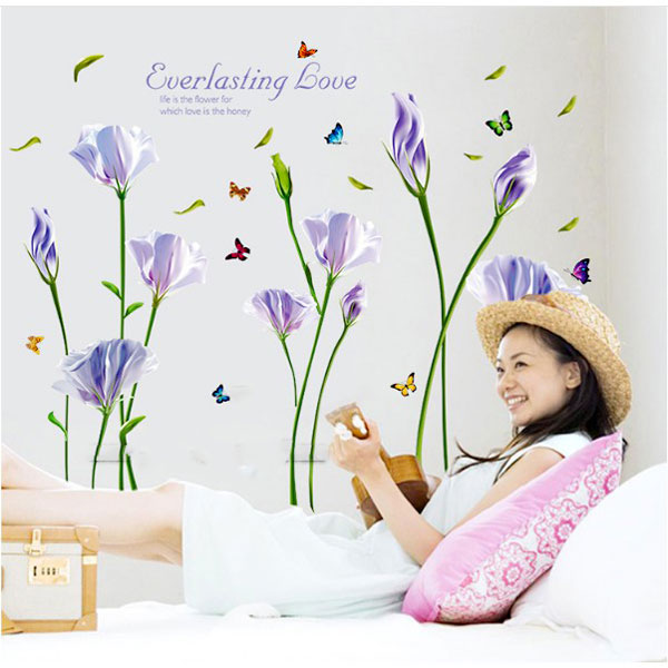 Decal dán tường hoa tím mộng mơ - tranh dán tường giấy dán tường trang trí hoa tím 5 cánh mỏng 3D