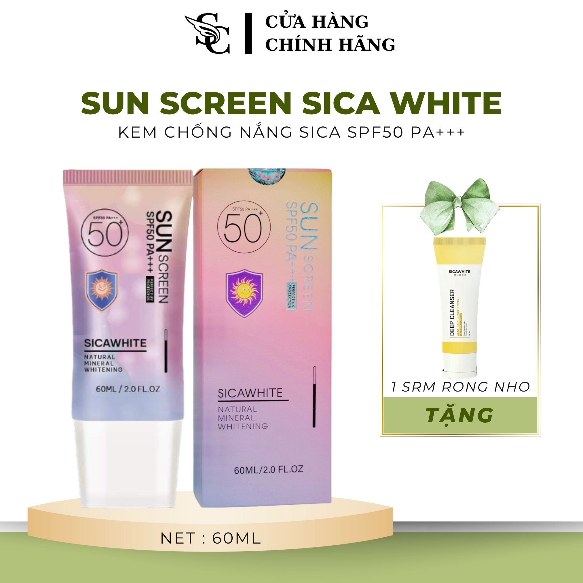 Kem chống nắng sica tặng sửa rửa mặt 40ml - sun screen spf 50pa+++ - kem chống nắng vật lý sica white