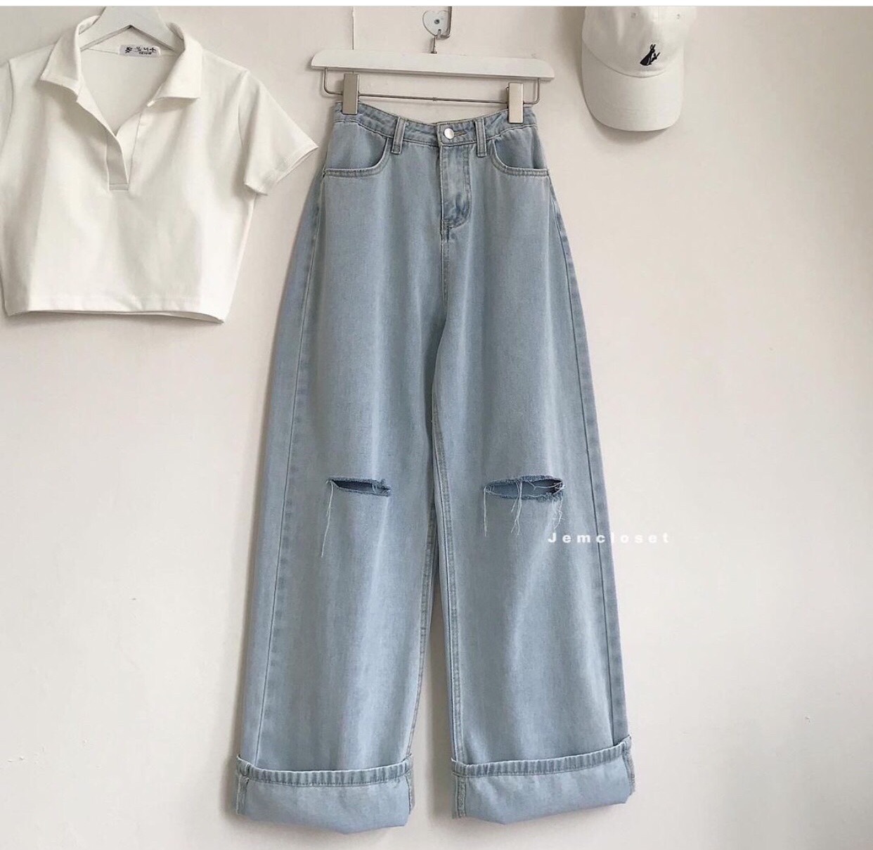 SET BAGGY JEANS ỐNG SUÔNG RÁCH GỐI + CROP PETTER