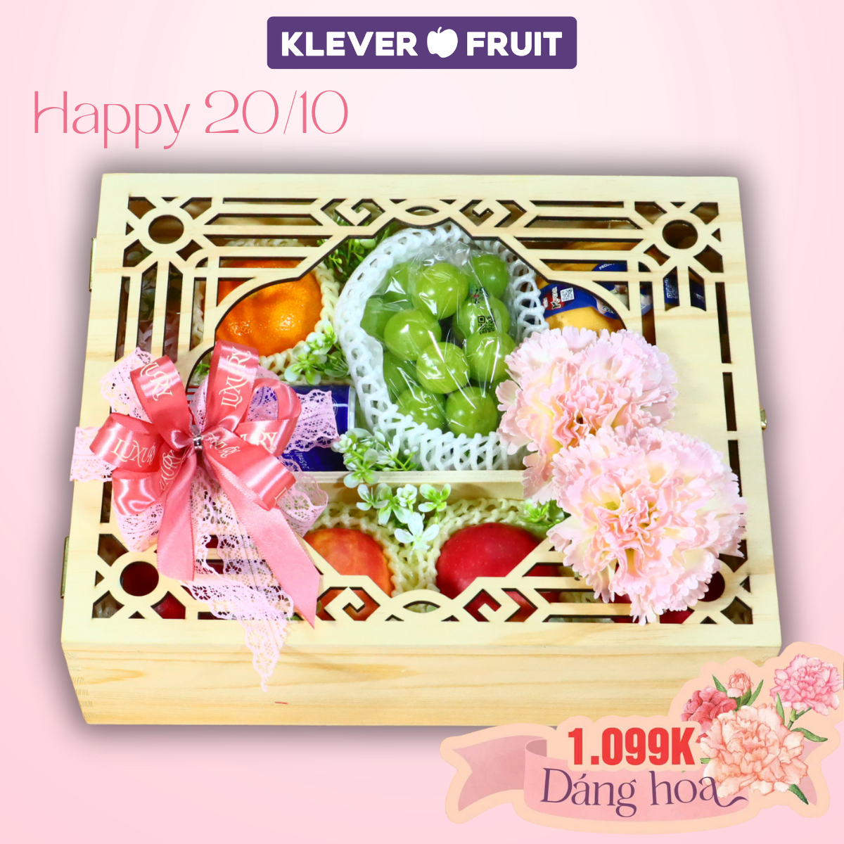 Hộp Quà 20/10 Mộc Hoa Tone Nâu Trang Nhã - Quà Tặng Trái Cây Tươi Mừng Ngày Phụ Nữ Việt Nam - Klever Fruit