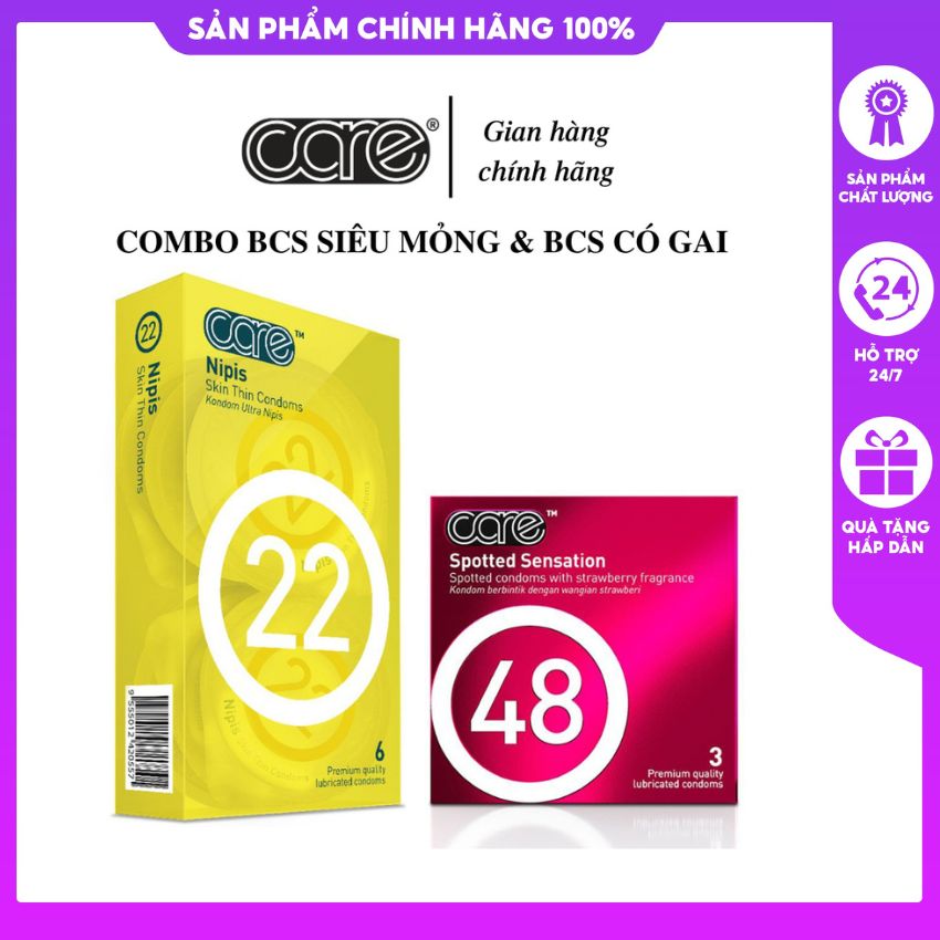 Combo bao cao su siêu mỏng CARE 22 hộp 6 và bcs gai CARE 48 hộp 3 tăng cường gel bôi trơn, kéo dài thời gian [MADE IN MALAYSIA]