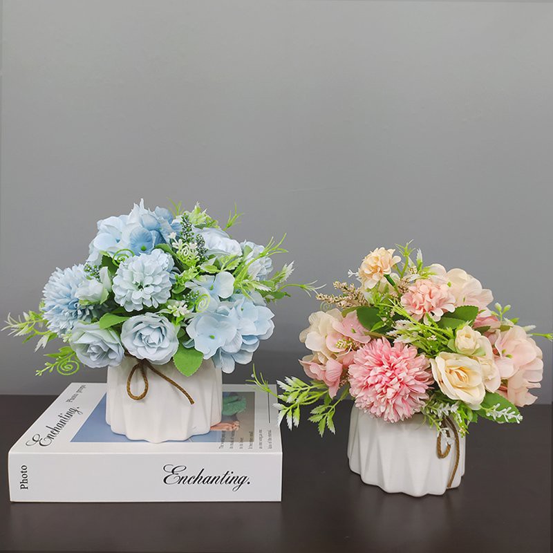 Hoa lụa, Chậu hoa sứ mini cắm sẵn trang trí kệ tủ, để bàn trà nhiều mẫu