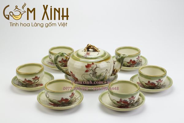 Bộ ấm trà Bát Tràng dáng Gốc trúc men da lươn vẽ hoa sen