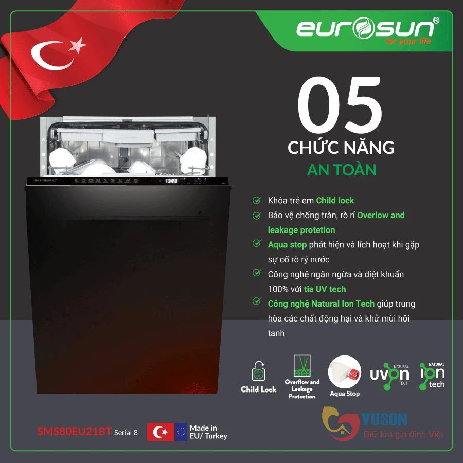 Máy rửa bát Eurosun SMS80EU21BT - 15 bộ, âm tủ toàn phần, màu bạc
