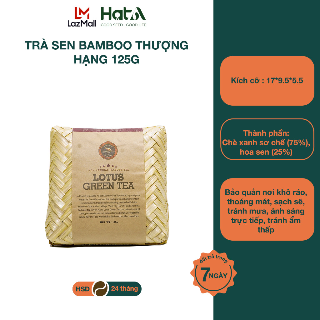 Trà Sen Bamboo Thượng Hạng Hương Mai Cafe Premium Lotus Green Tea 100% Lá Trà Non Tươi Sạch Ướp Trong Bông Sen - Hộp Tre Đan 125g
