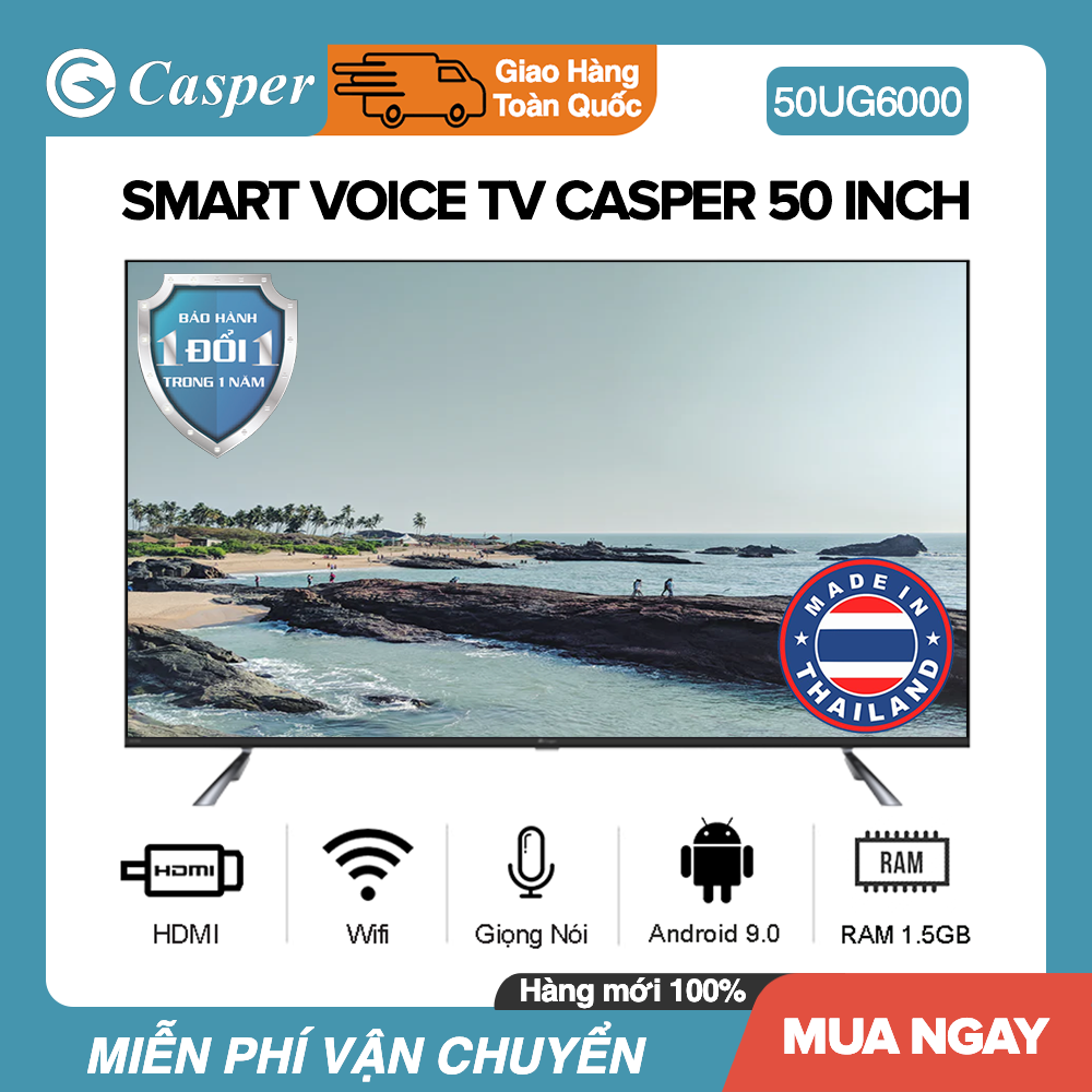 [TRẢ GÓP 0%] Smart Voice Tivi Casper 50 inch UHD 4K Kết nối Internet Wifi Model 50UG5000 / 50UG6000 / 55UG6100 Android 9.0, Tràn viền, Điều Khiển Giọng Nói, DVB-T2, Chromecast built-in, Nhập khẩu Thái Lan, Tivi Giá Rẻ - Bảo Hành 2 Năm