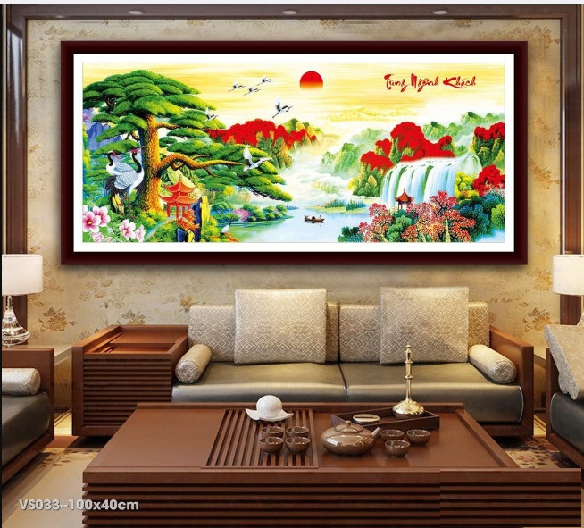 Tranh Đính Đá PHONG CẢNH NON NƯỚC HỮU TÌNH. Kích Thước:100x40cm